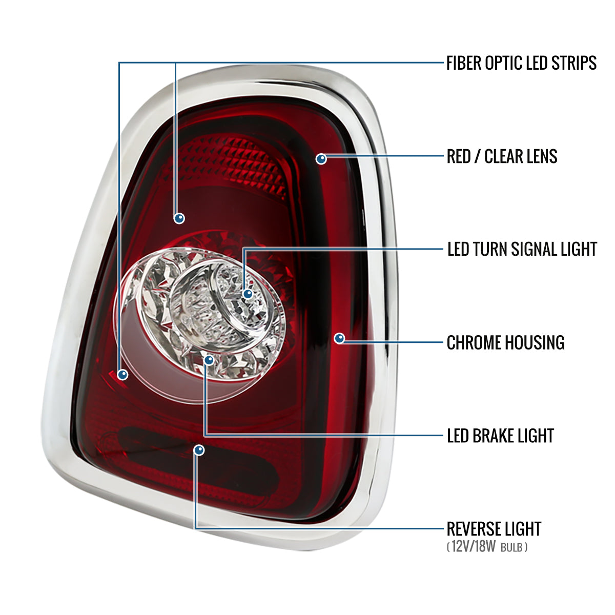 Ronnin - Compatible con Mini Cooper Base S Hatchback Convertible US Spec de 2011-2015 Par de luces traseras LED de repuesto | Cromado