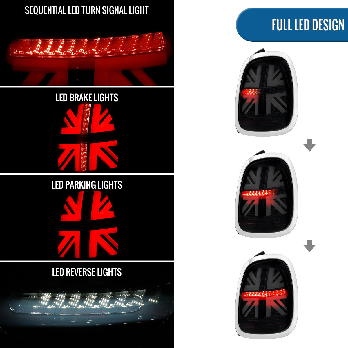 2014-2022 Mini Cooper Full LED Sequential Turn Signals Tail Lights Pair | Gloss Smoke