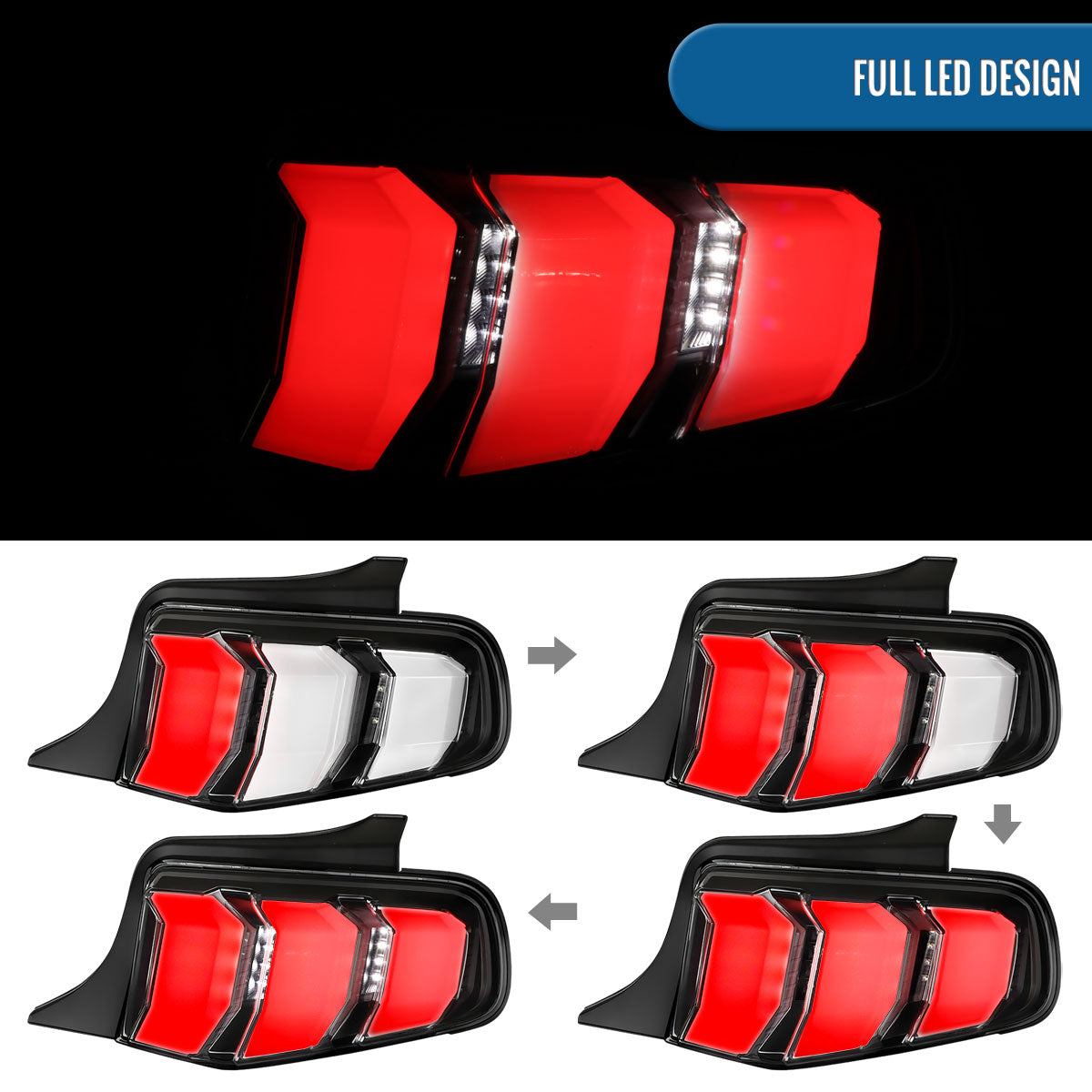 2010-2012 Ford Mustang US Spec Upgrade Replacement LED Tube Sequential Turn Signal Tail Lights Assembly Pair | Black | White Tube