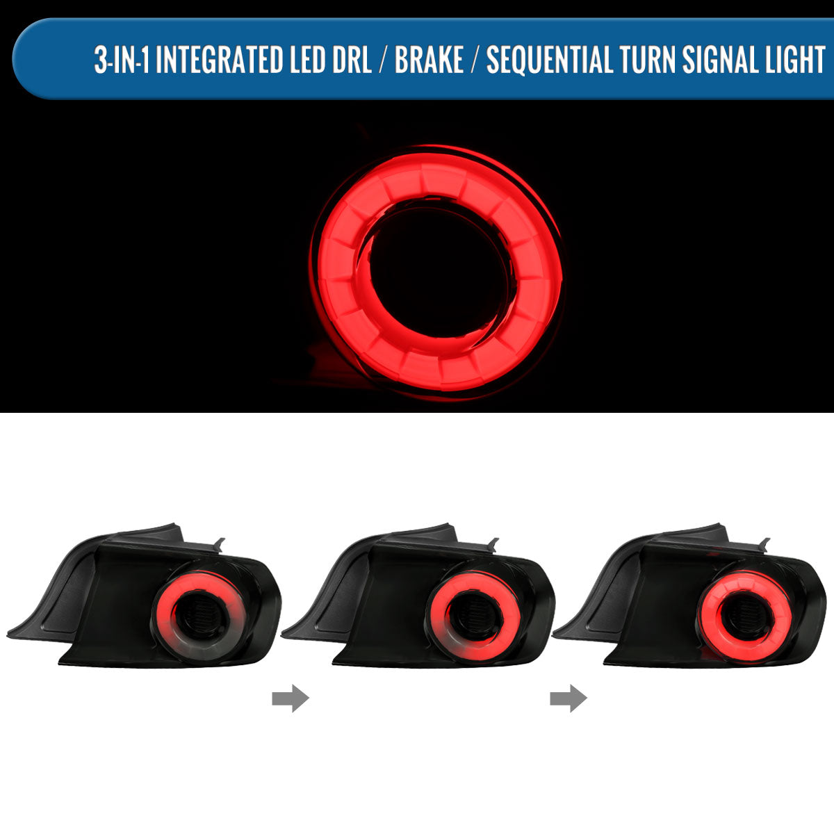 Ronnin - Compatible con Ford Mustang Coupé Convertible 2015-2023, Luces Traseras LED Secuenciales con Halo y Señales de Giro, Par | Negro Ahumado