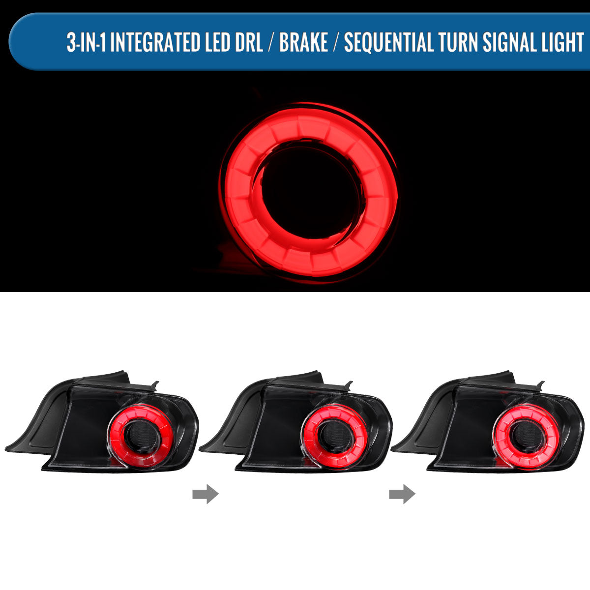 Ronnin - Se adapta a 2015-2023 Ford Mustang Coupé Convertible Luces Traseras LED con Halo y Señales de Giro Secuenciales Par | Negro Brillante