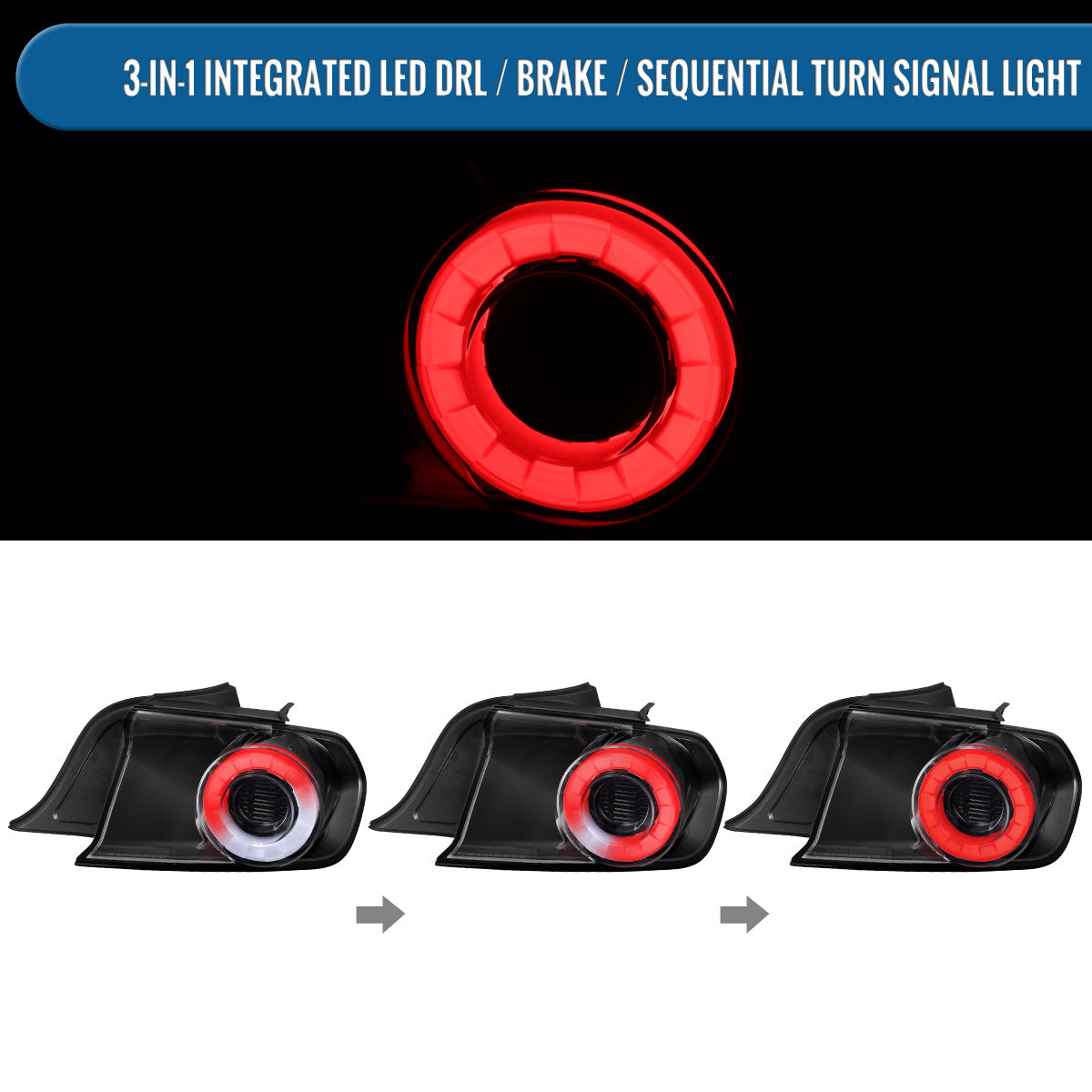 Ronnin - Compatible con Ford Mustang Coupé Convertible 2015-2023 Par de luces traseras LED de halo secuencial | Negro brillante | Borde de halo blanco
