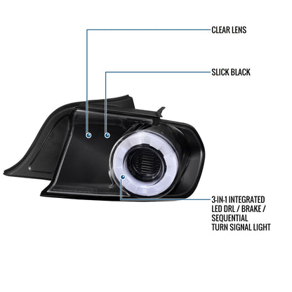 Ronnin - Compatible con Ford Mustang Coupé Convertible 2015-2023 Par de luces traseras LED de halo secuencial | Negro brillante | Borde de halo blanco