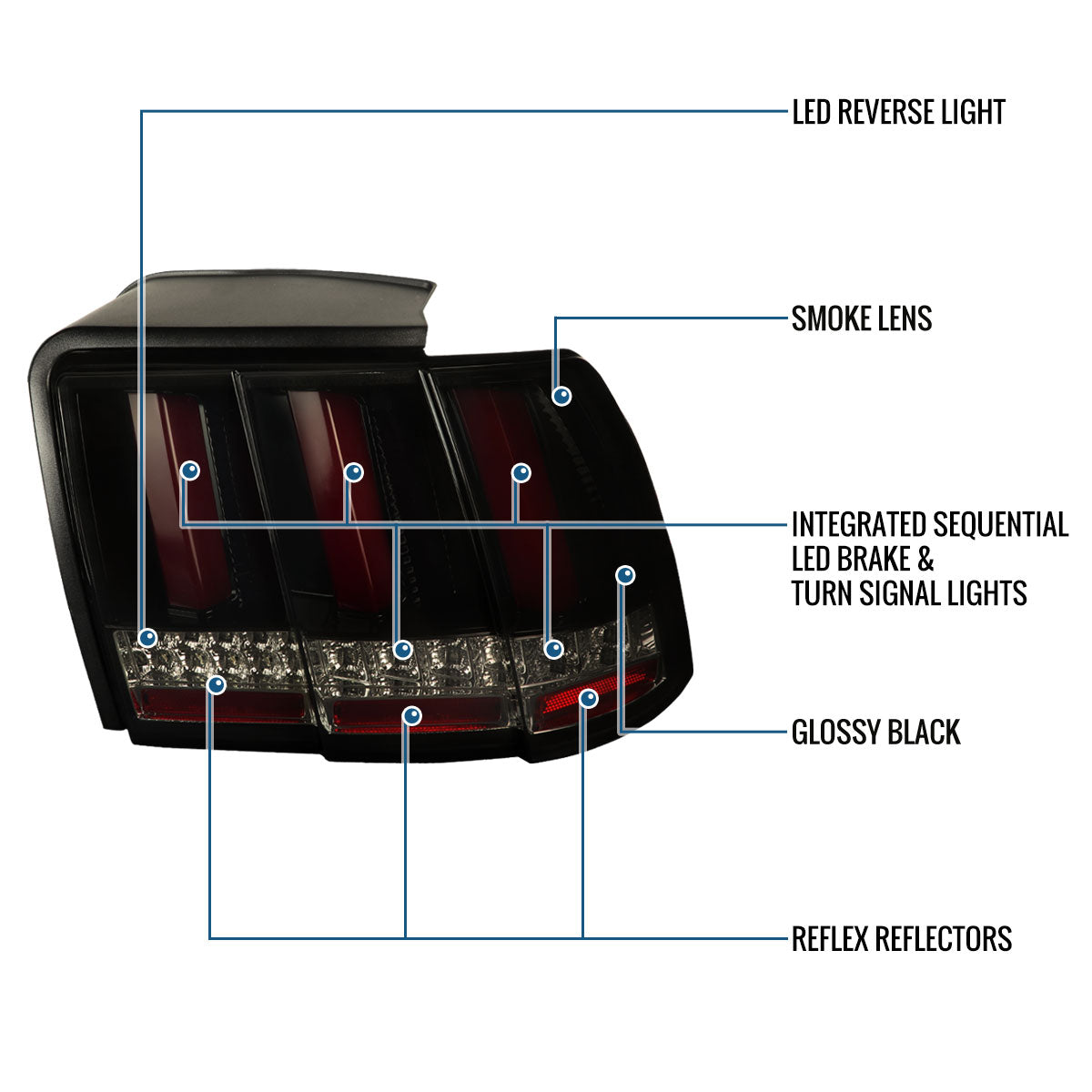 Ronnin - Se adapta a Ford Mustang 1999-2004, actualización de especificaciones de EE. UU., par de conjunto de luces traseras LED con intermitentes secuenciales | Negro ahumado