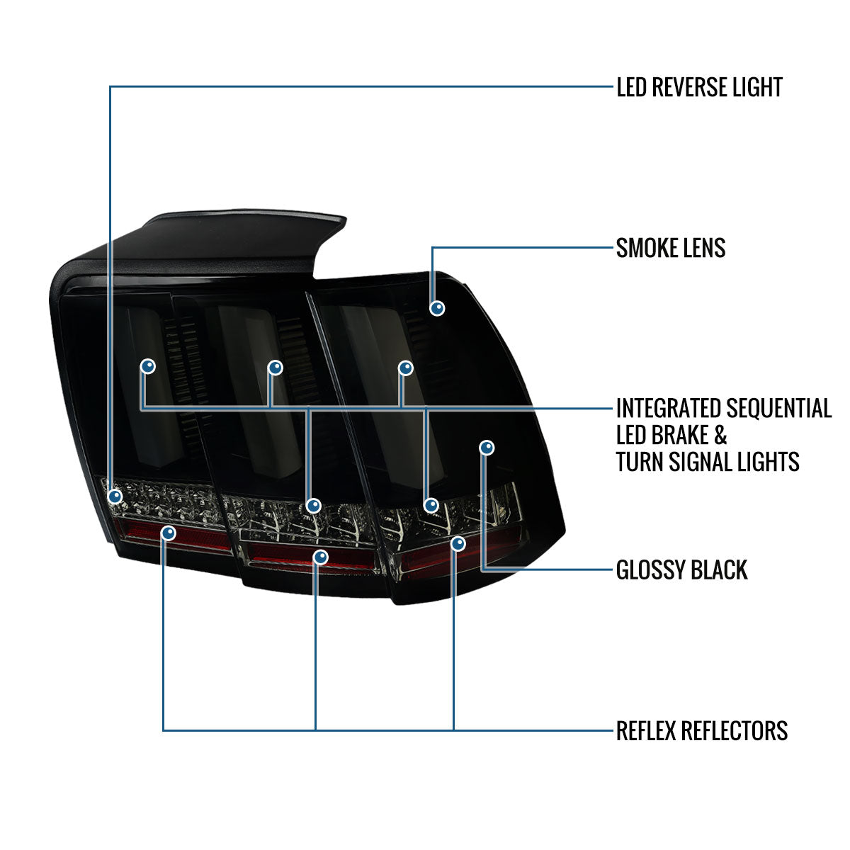 Ronnin - Compatible con Ford Mustang de 1999-2004, actualización de especificaciones de EE. UU., luces traseras de montaje de intermitentes secuenciales LED de repuesto, par | Negro humo | Tubo blanco