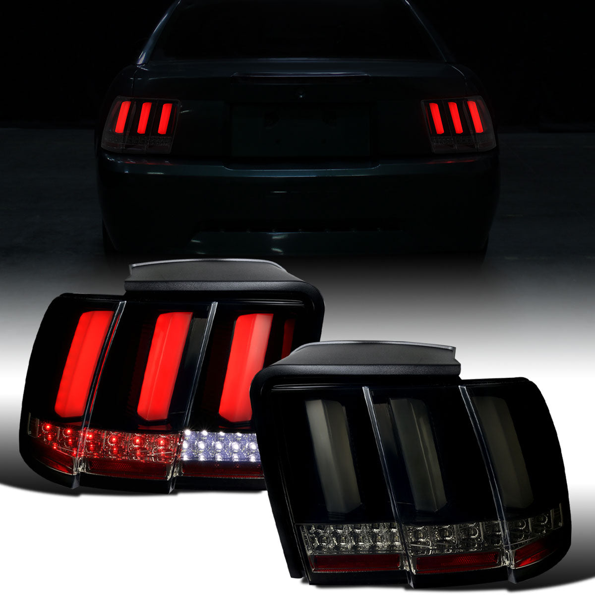 Ronnin - Compatible con Ford Mustang de 1999-2004, actualización de especificaciones de EE. UU., luces traseras de montaje de intermitentes secuenciales LED de repuesto, par | Negro humo | Tubo blanco