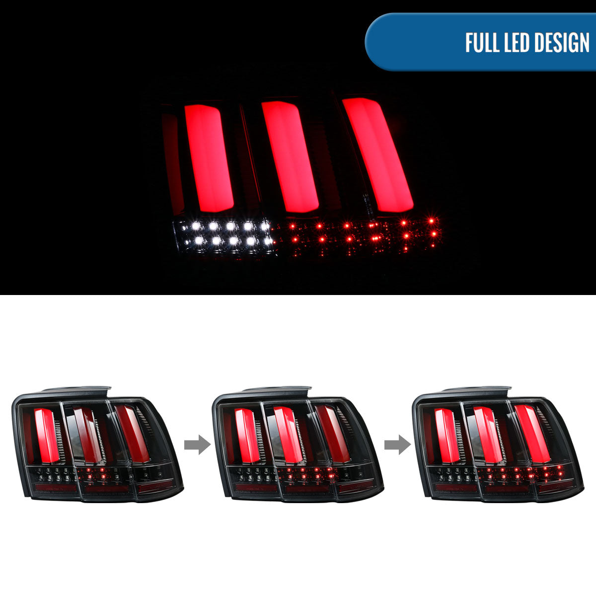 Ronnin - Se adapta a Ford Mustang 1999-2004, actualización de especificaciones estadounidenses, luces traseras LED secuenciales de intermitencia, par de montaje | Negro brillante
