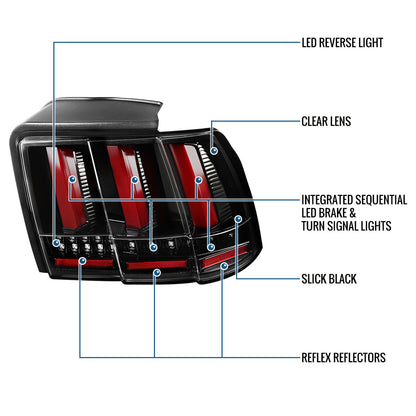Ronnin - Se adapta a Ford Mustang 1999-2004, actualización de especificaciones estadounidenses, luces traseras LED secuenciales de intermitencia, par de montaje | Negro brillante