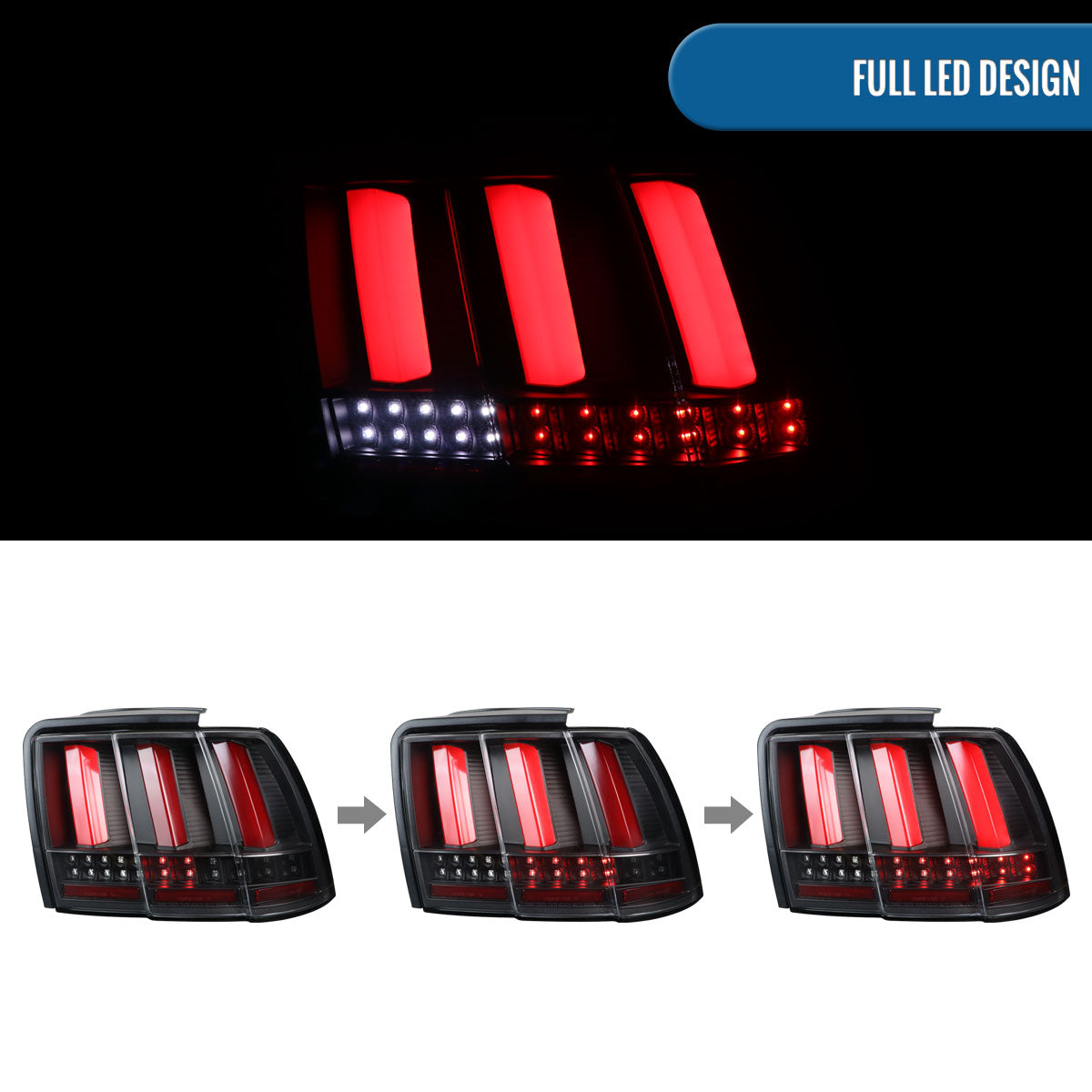 Ronnin - Compatible con Ford Mustang de 1999-2004 versión estadounidense, par de luces traseras LED de repuesto con intermitentes secuenciales | Negras