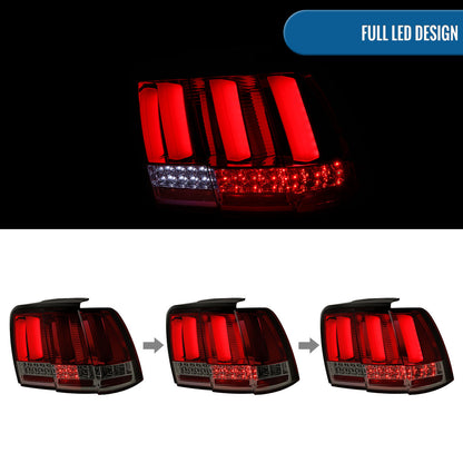 Ronnin - Compatible con Ford Mustang de 1999-2004, actualización de especificaciones de EE. UU., reemplazo de luces traseras LED secuenciales, par | Rojo Ahumado