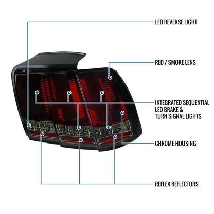 Ronnin - Compatible con Ford Mustang de 1999-2004, actualización de especificaciones de EE. UU., reemplazo de luces traseras LED secuenciales, par | Rojo Ahumado