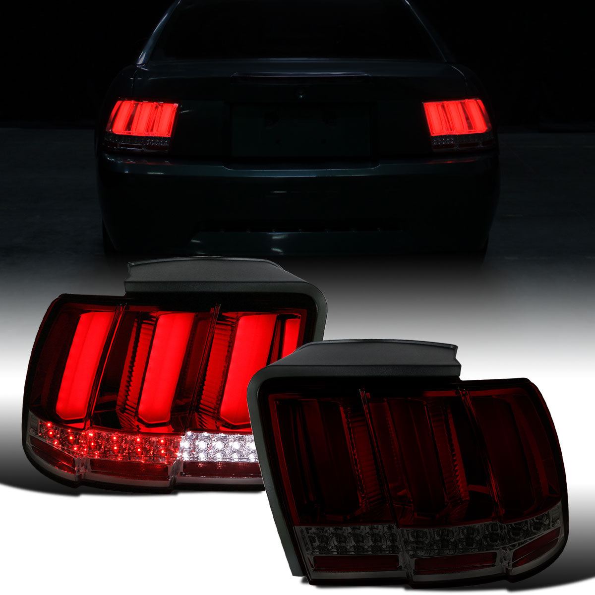Ronnin - Compatible con Ford Mustang de 1999-2004, actualización de especificaciones de EE. UU., reemplazo de luces traseras LED secuenciales, par | Rojo Ahumado