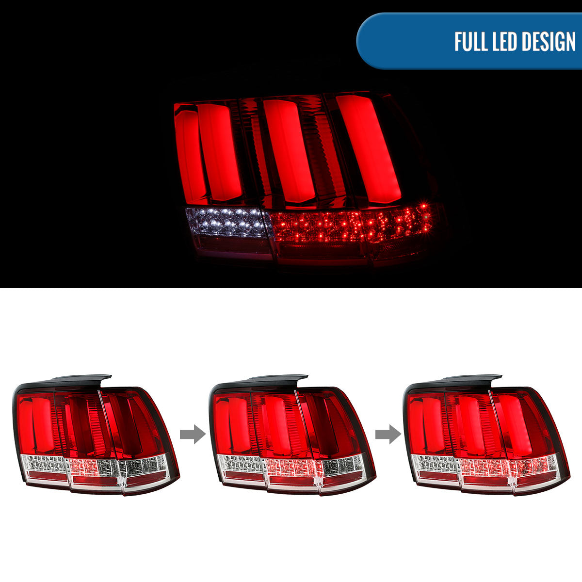 Ronnin - Compatible con Ford Mustang de 1999 a 2004, versión de EE. UU., actualización de reemplazo de luces traseras LED secuenciales, par | Rojo