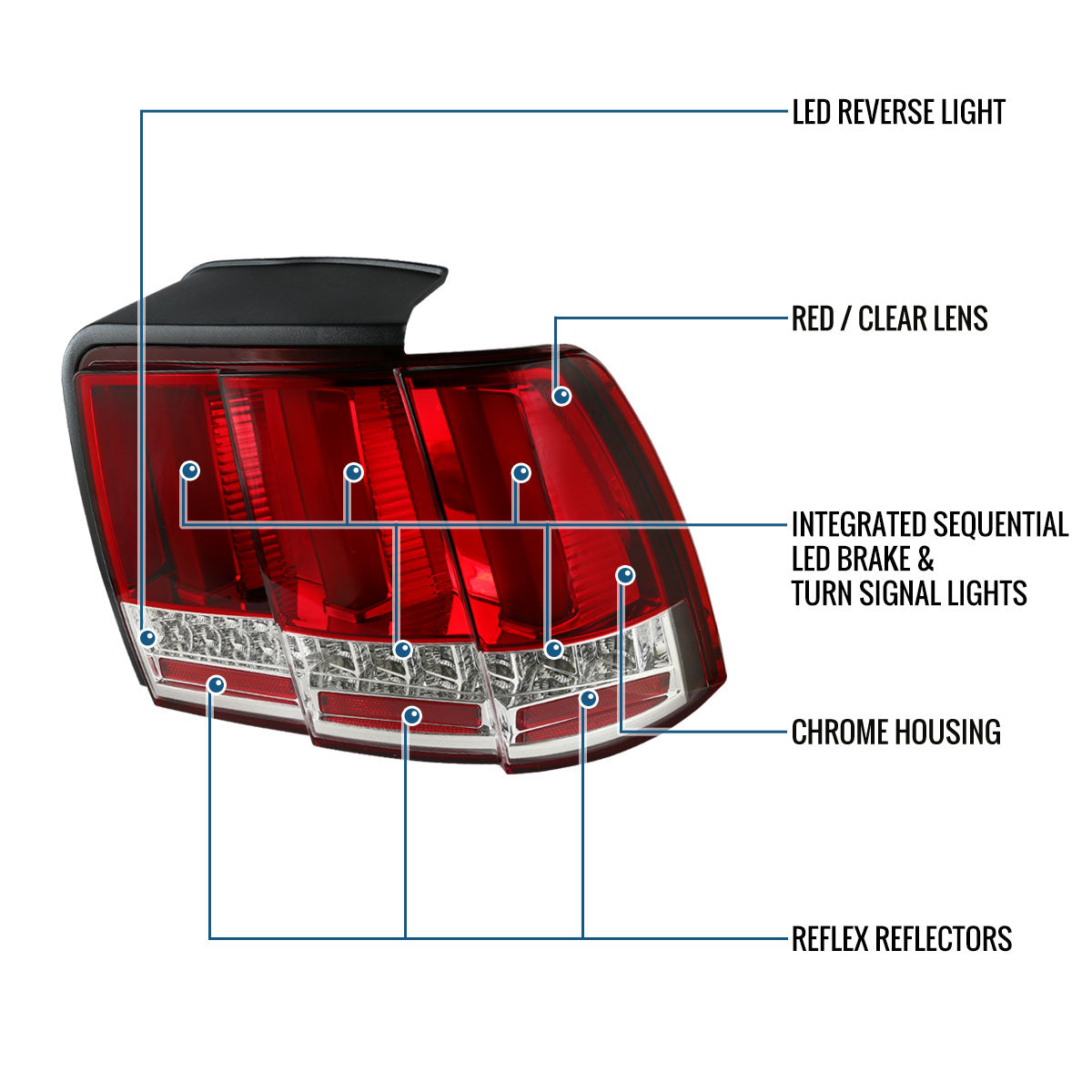 Ronnin - Compatible con Ford Mustang de 1999 a 2004, versión de EE. UU., actualización de reemplazo de luces traseras LED secuenciales, par | Rojo