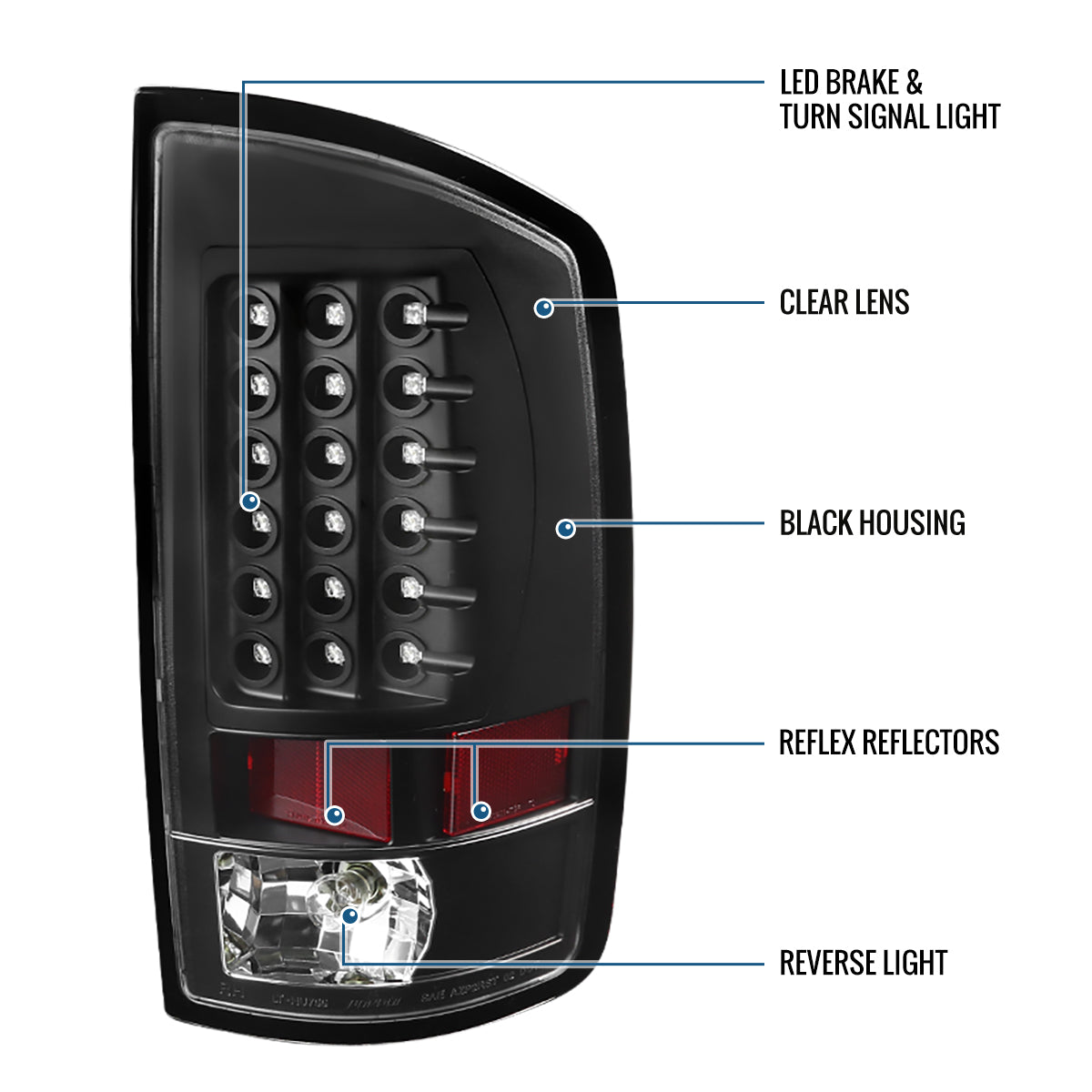 Ronnin - Compatible con Dodge Ram 1500 2500 3500 2002-2006, conjunto de luces traseras de repuesto con LED integrados para freno y direccionales, par | Negro