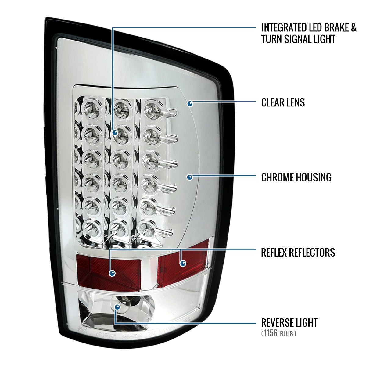 Ronnin - Compatible con Dodge Ram 1500 2500 3500 2007-2009 Actualización de Conjunto Luces Traseras LED Integradas de Freno y Direccionales Par | Cromado