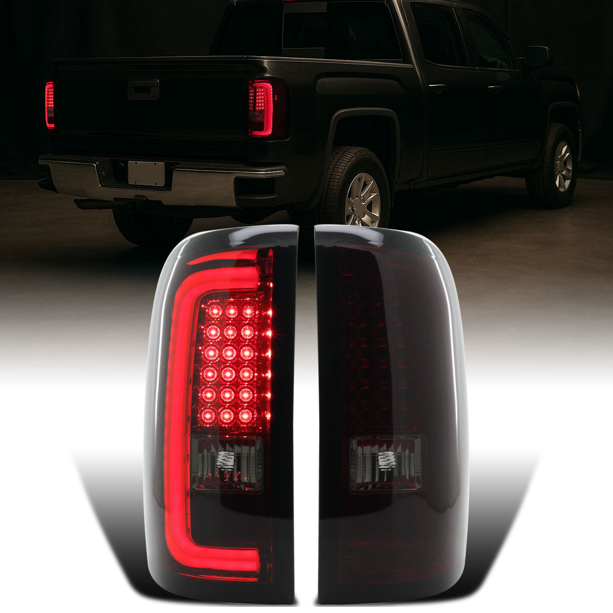 Ronnin - Compatible con GMC Sierra 1500 2500HD 3500HD 2014-2018 Luces Traseras LED Integradas de Freno y Direccionales Montaje Par | Rojo Ahumado