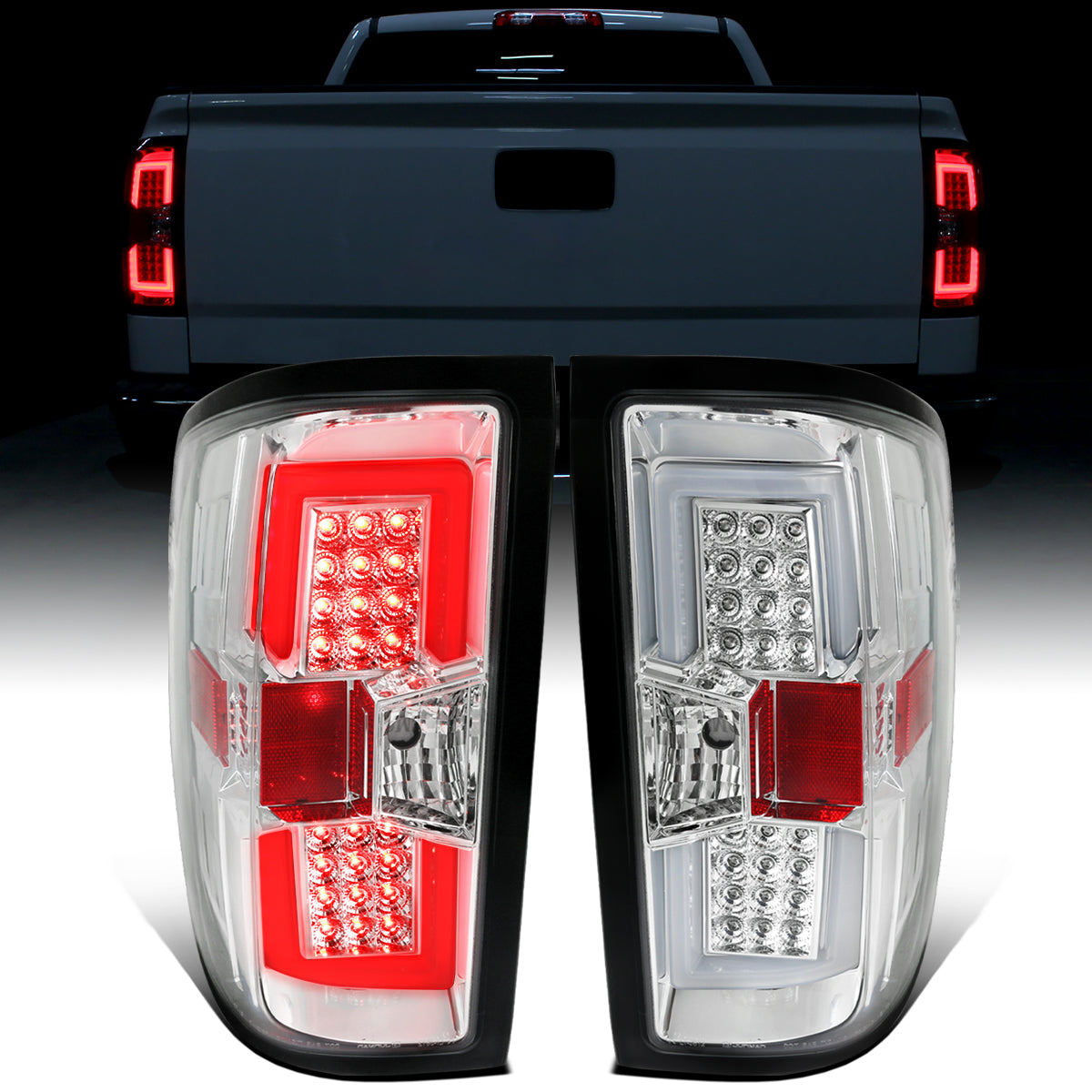 Ronnin - Fits 2014-2018 Silverado 1500 2500HD 3500HD | 2015-2019 Sierra 3500HD LED Tail Lights Integrated Brake and Turn Signal Lamps Replacement Assembly Pair | Chrome
