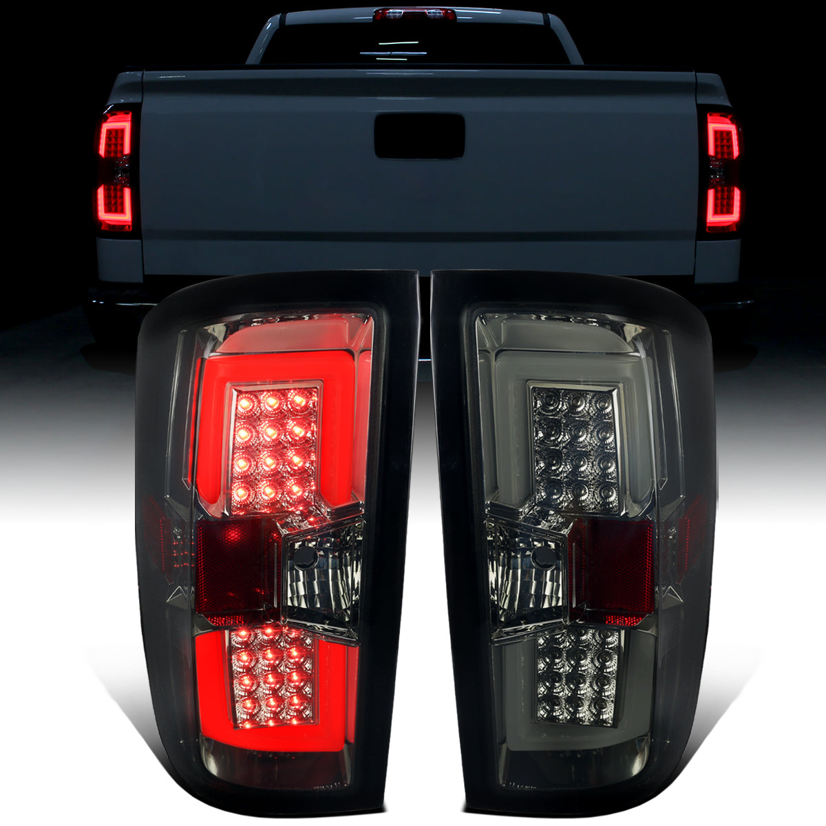 Ronnin - Fits 2014-2018 Silverado 1500 2500HD 3500HD | 2015-2019 Sierra 3500HD LED Tail Lights Integrated Brake and Turn Signal Lamps Replacement Assembly Pair | Smoke