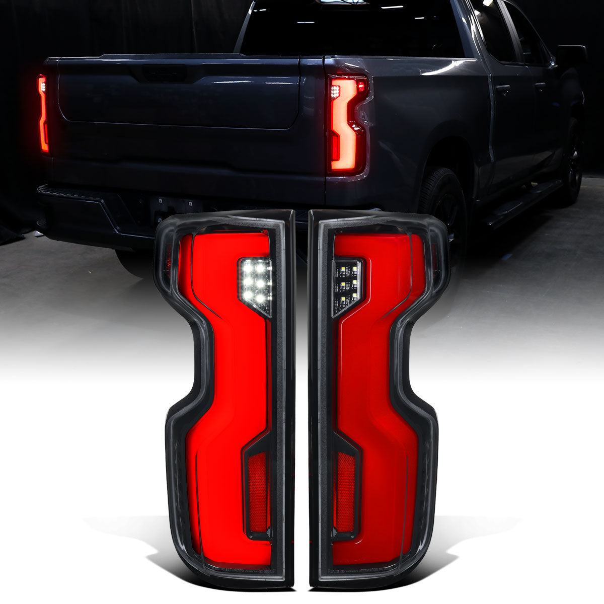 2019-2026 Silverado 1500 2020-2023 Silverado 2500HD 3500HD Full LED Tail Lights Switchback Sequential Turn Signals Assembly Pair | Gloss Black