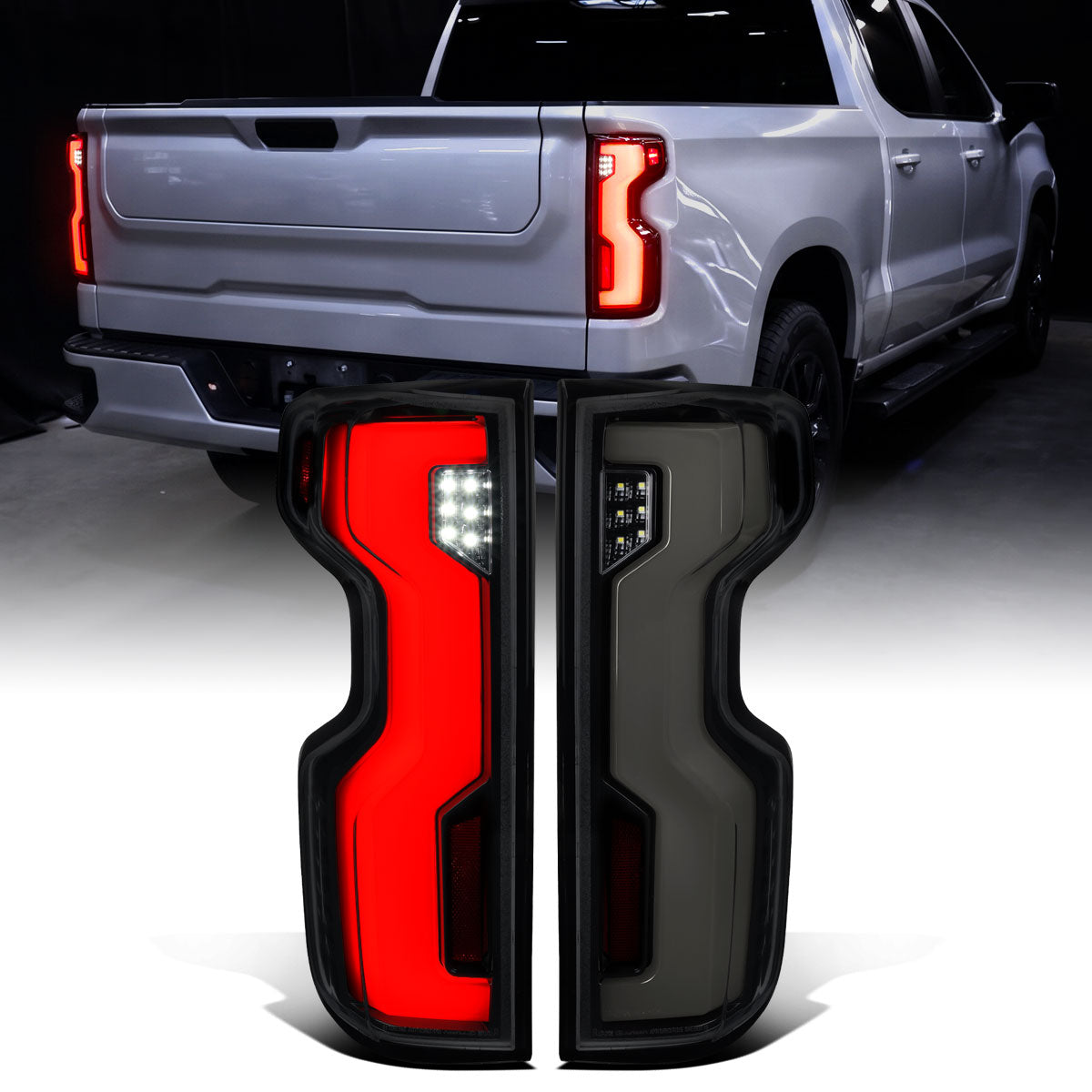 2019-2026 Chevy Silverado 1500 2020-2023 Silverado 2500HD 3500HD Full LED Tail Lights Switchback Sequential Turn Signals LED Type Only Assembly Pair | Black Smoke