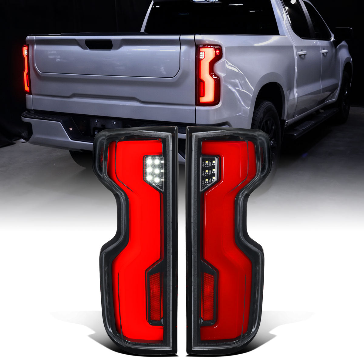 2019-2026 Chevy Silverado 1500 2020-2023 Silverado 2500HD 3500HD Full LED Tail Lights Switchback Sequential Turn Signals LED Type Only Assembly Pair | Gloss Black