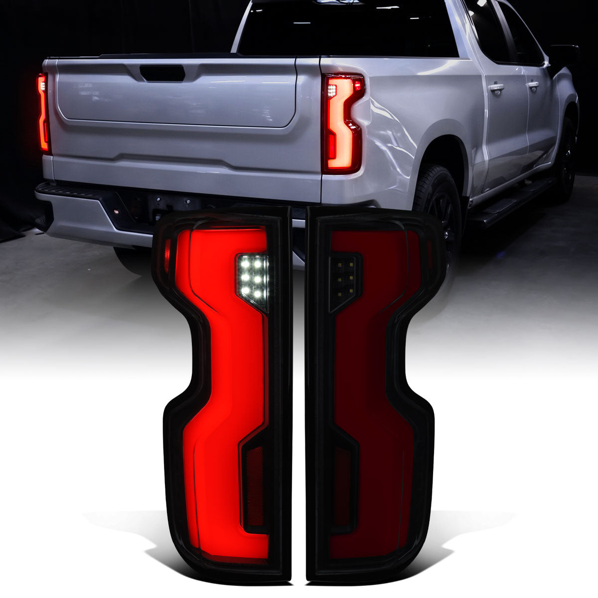 2019-2026 Chevy Silverado 1500 2020-2023 Silverado 2500HD 3500HD Full LED Tail Lights Switchback Sequential Turn Signals LED Type Only Assembly Pair | Black Smoke
