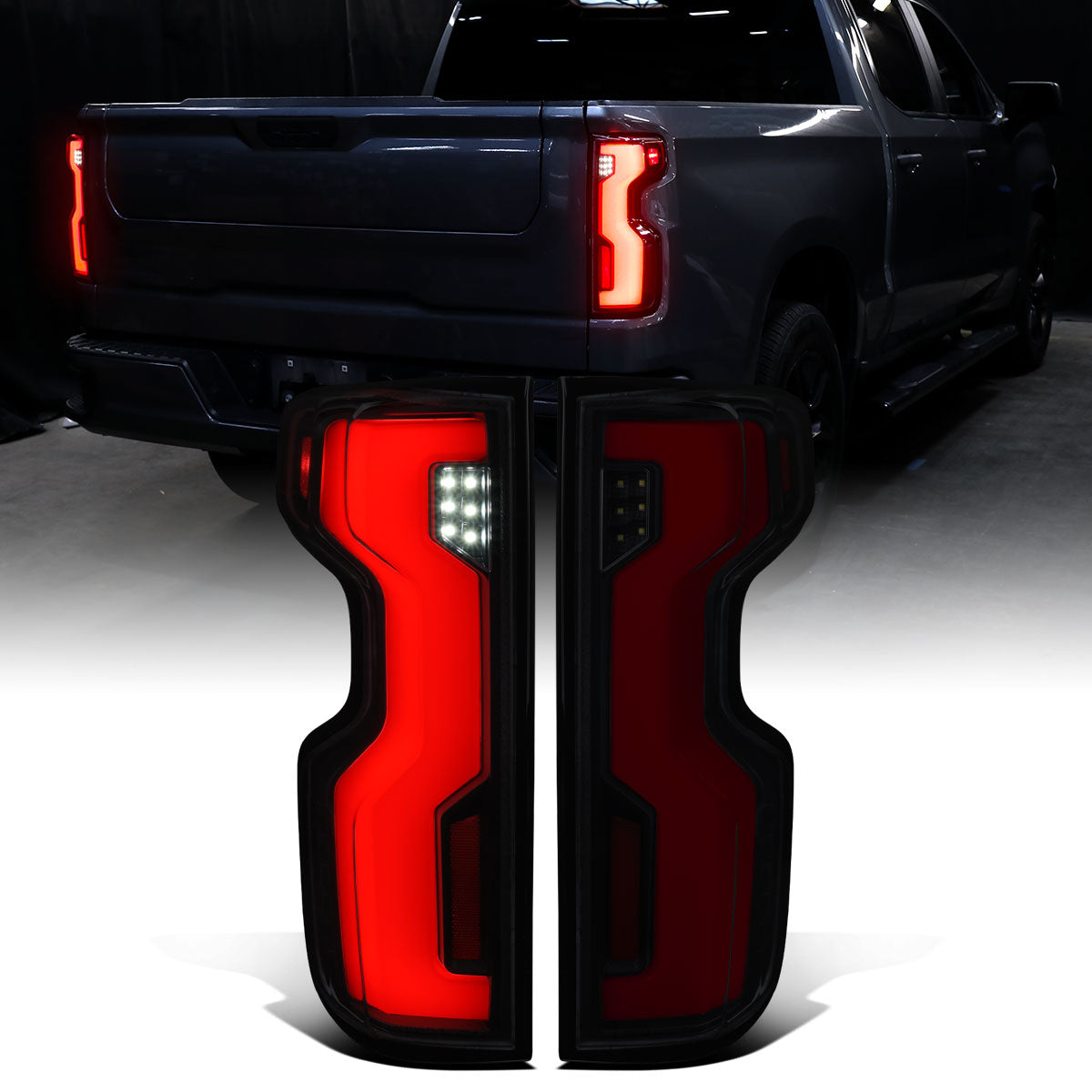 2019-2026 Silverado 1500 2020-2023 Silverado 2500HD 3500HD Full LED Tail Lights Switchback Sequential Turn Signals Assembly Pair | Black Smoke
