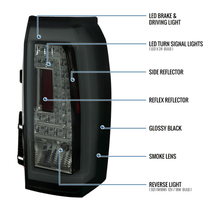Ronnin - Compatible con GMC Yukon XL Denali 2015-2020, intermitentes y luces de freno LED integrados, conjunto de luces traseras de tubo (par) | Negro Ahumado