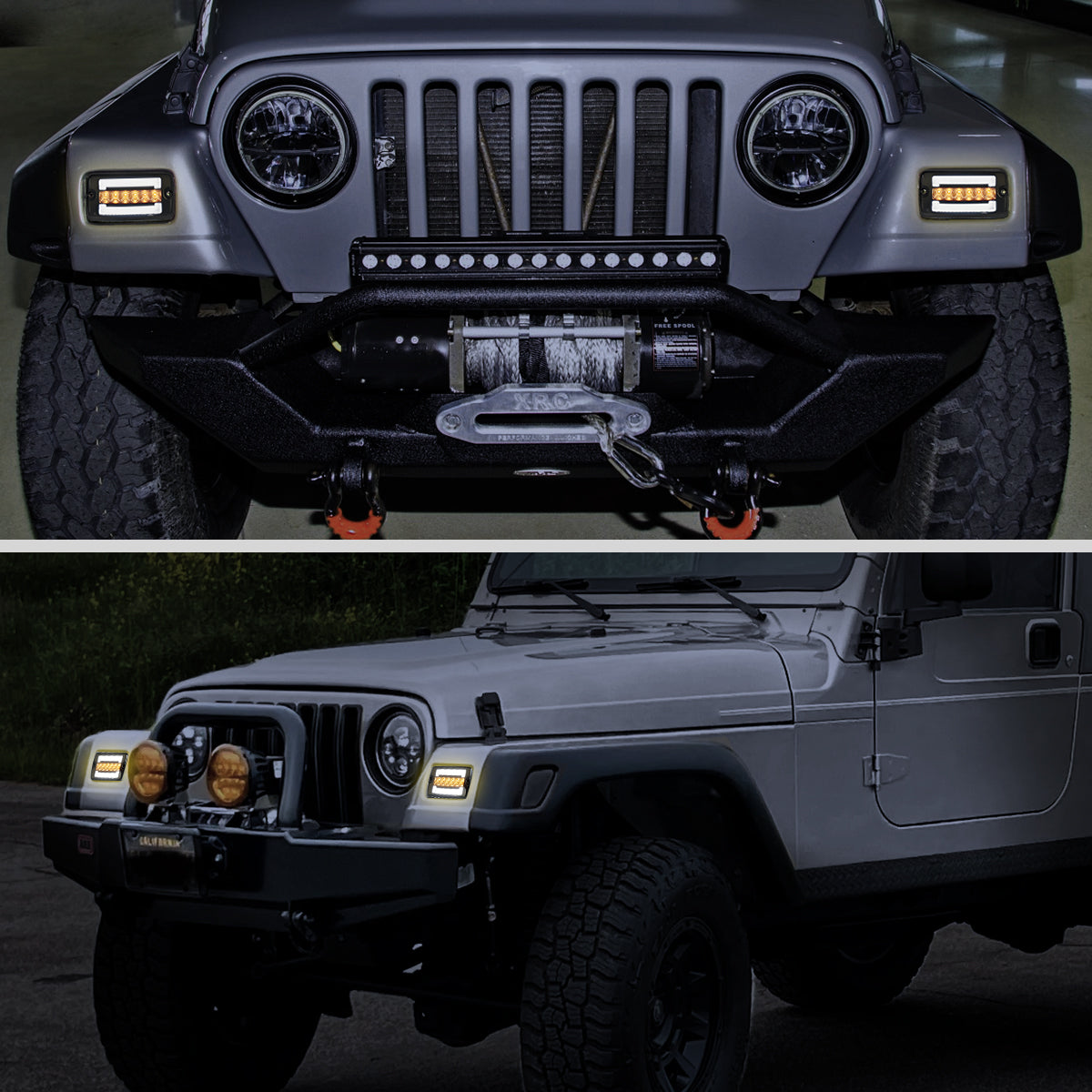 Ronnin - Fits 1997-2006 Jeep TJ Wrangler Upgrade LED Running Lights Sequential Turn Signals Corner Bumper Lights Assembly Pair | Smoke