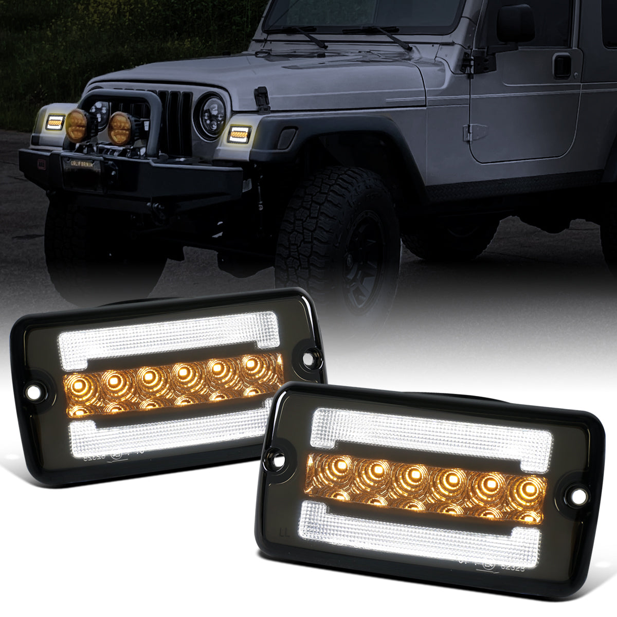 Ronnin - Fits 1997-2006 Jeep TJ Wrangler Upgrade LED Running Lights Sequential Turn Signals Corner Bumper Lights Assembly Pair | Smoke