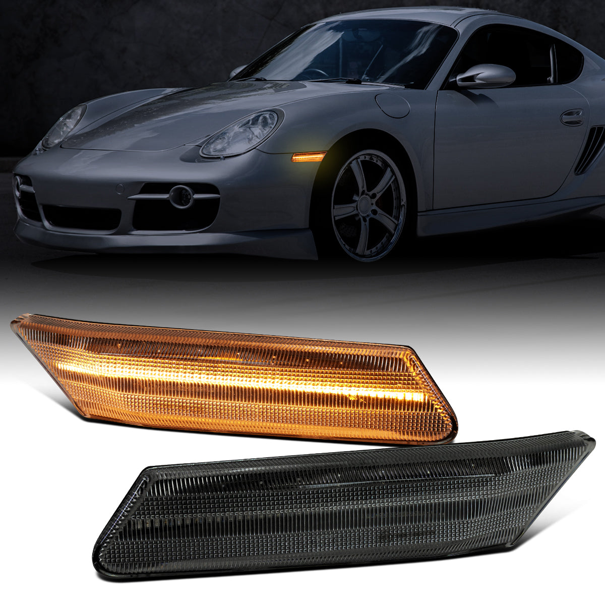 Ronnin - Compatible con Porsche 911 Boxster Caymen 2005-2012 Intermitentes laterales LED secuenciales de parachoques | Par de montaje de repuesto negro ahumado