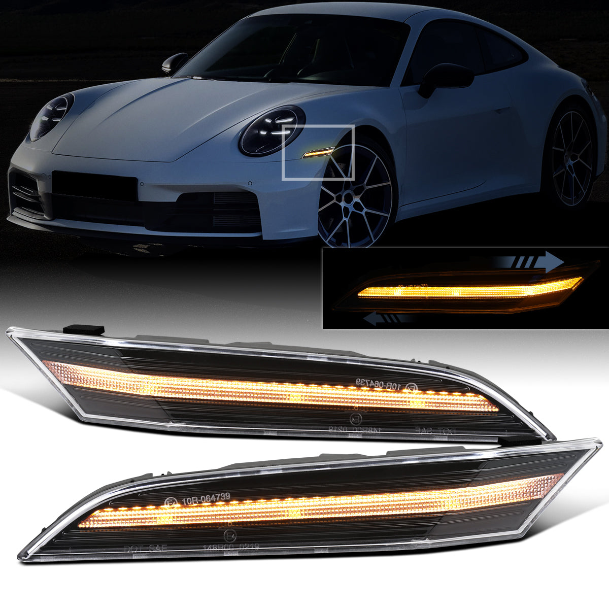 Ronnin - Compatible con Porsche 911 992 Carrera Targa Turbo GT3 Sport Classic 2019-2025, intermitentes LED secuenciales, luces de posición laterales y montaje de luces de parachoques (par) | Negro brillante