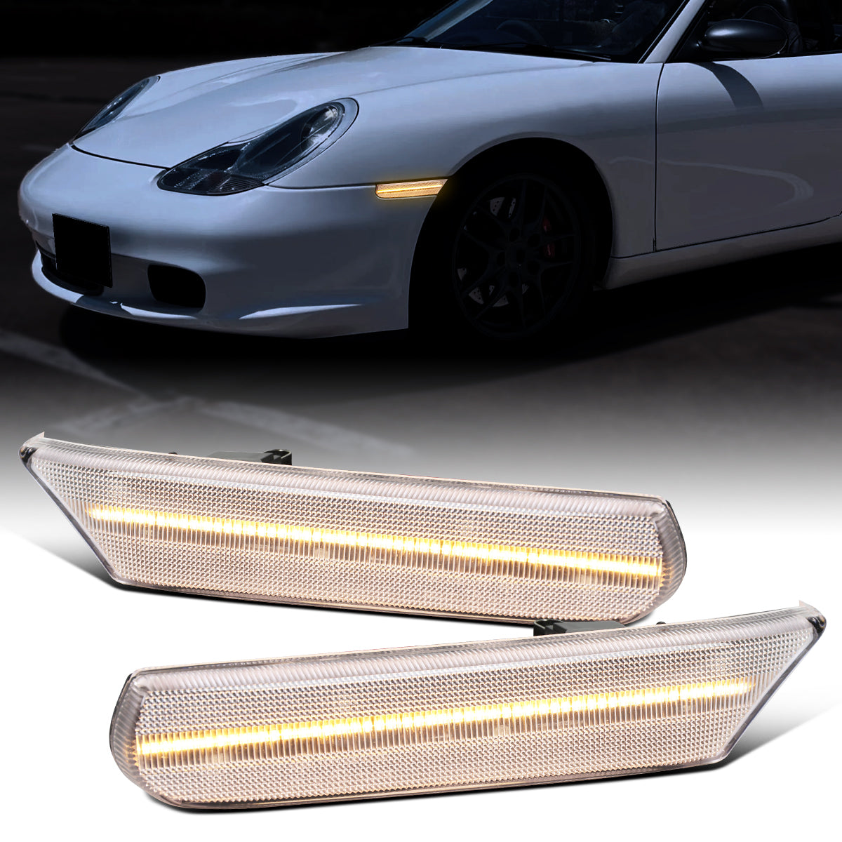 Ronnin - Fits 1997-2004 Porsche Boxster 986 1997-2005 Porsche 911 996 Coupe Convertible Targa LED Sequential Turn Signals Side Marker Bumper Lights Assembly Pair | Clear