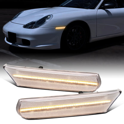 Ronnin - Fits 1997-2004 Porsche Boxster 986 1997-2005 Porsche 911 996 Coupe Convertible Targa LED Sequential Turn Signals Side Marker Bumper Lights Assembly Pair | Clear