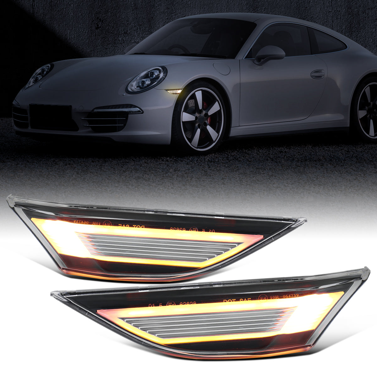 Ronnin - Se adapta a 2012-2025 Porsche 911 Boxster Cayman Luces direccionales secuenciales LED Luces de posición laterales Par de montaje | Negro