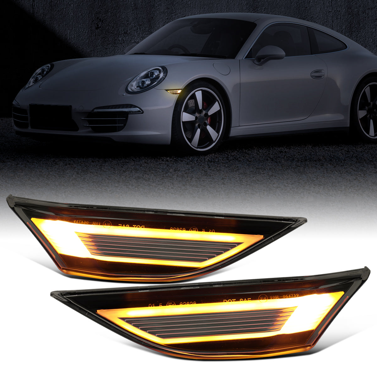 Ronnin - Intermitentes LED secuenciales para Porsche 911 Boxster Cayman 2012-2025, luces de guardabarros laterales, par de conjuntos | Negro Ahumado