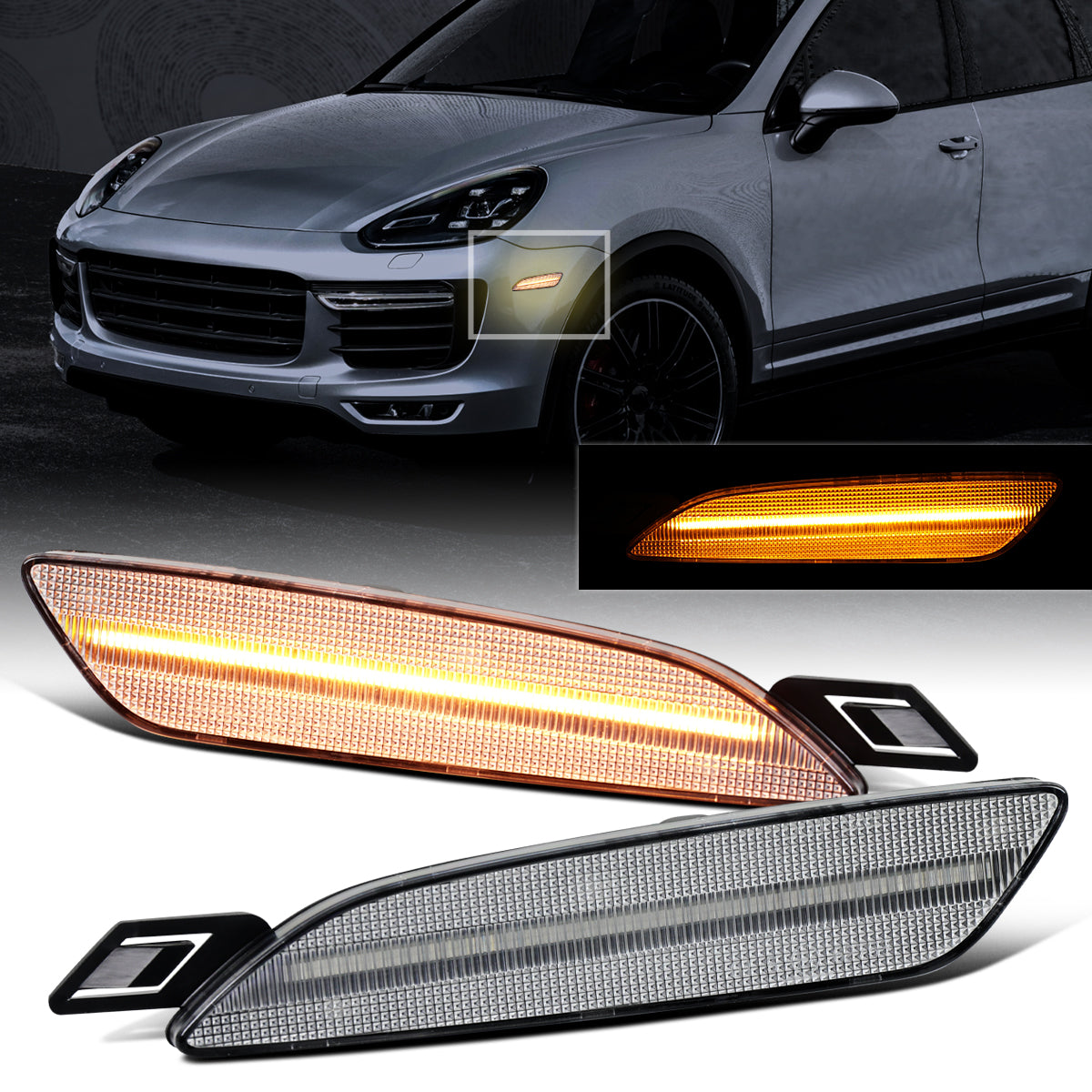 Ronnin - Se adapta a Porsche Cayenne 2015-2018 Conjunto completo de luces LED de parachoques delantero y lateral (par) | Transparente