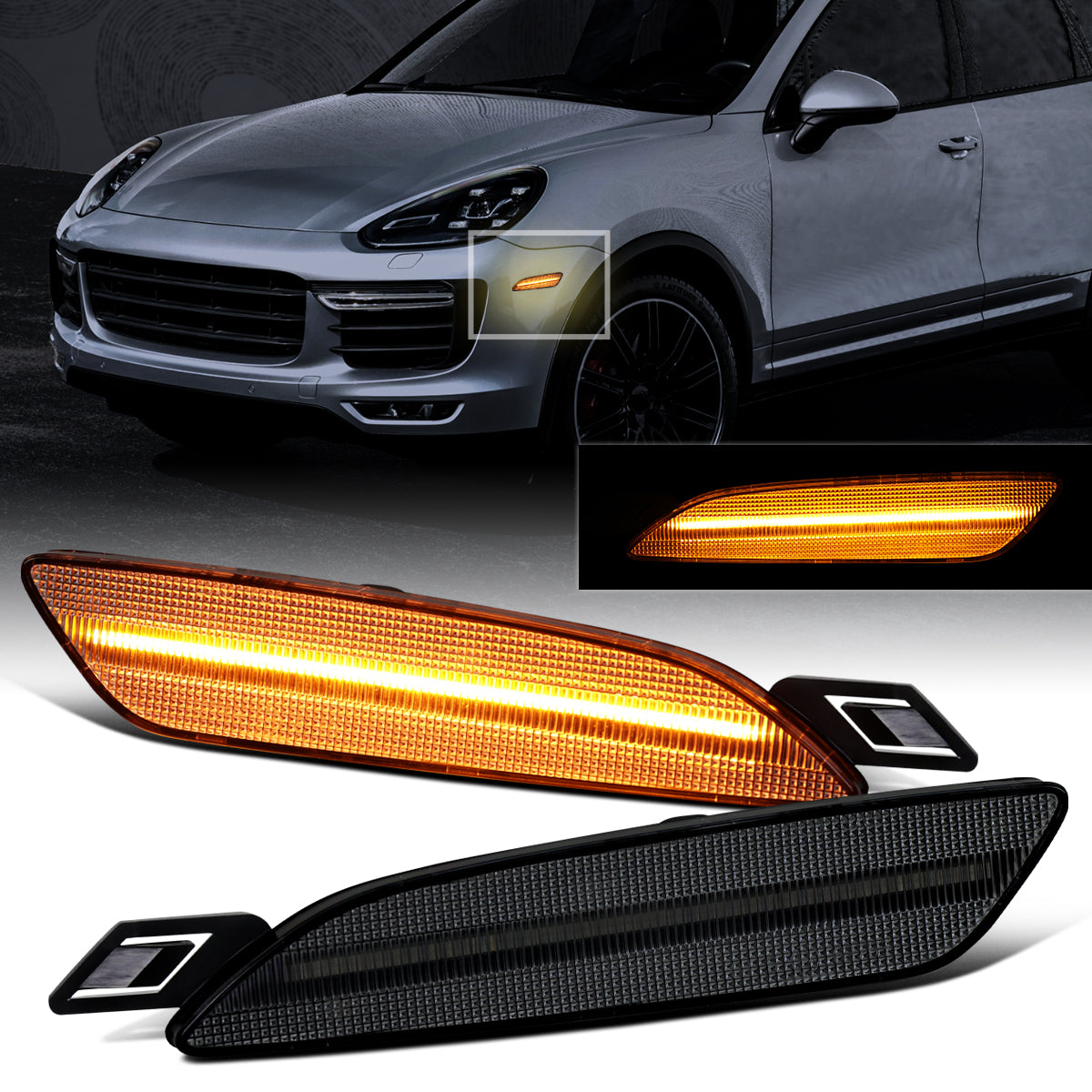 Ronnin - Conjunto de luces LED completas para parachoques delantero y luces de posición laterales de parachoques (par) | Negro humo, para Porsche Cayenne 2015-2018