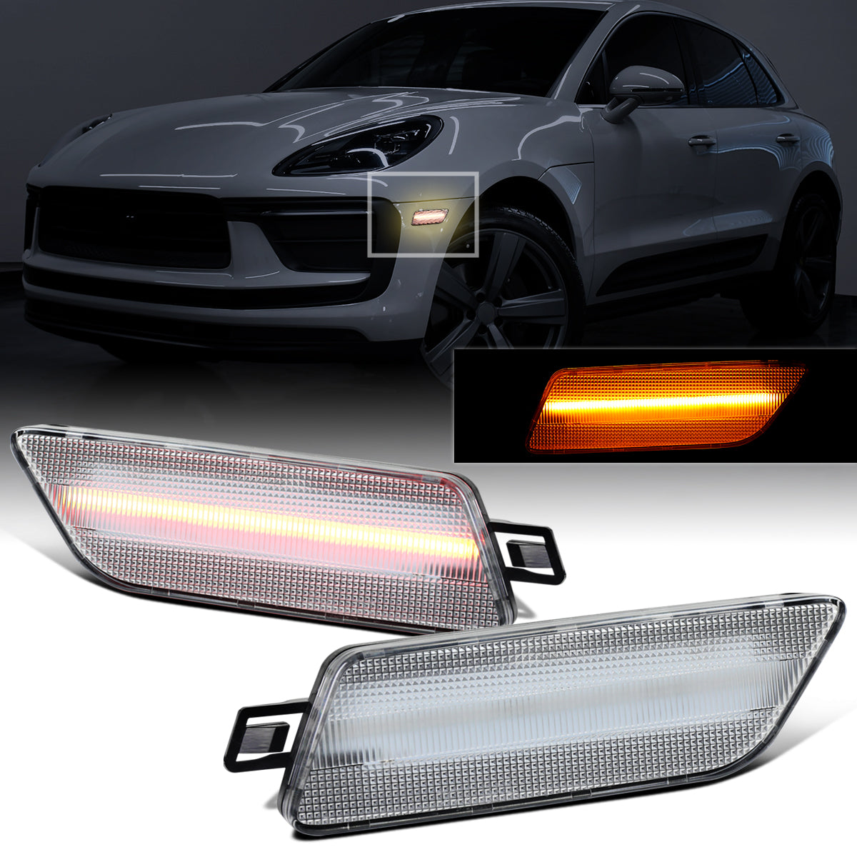 Ronnin - Compatible con Porsche Macan 2014-2022 Luces de posición laterales LED delanteras de parachoques. Par | Transparente