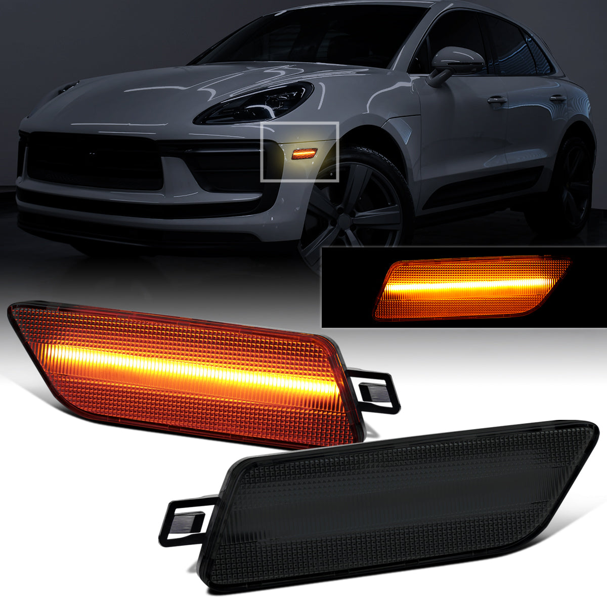 Ronnin - Juego de luces LED de posición laterales para parachoques delantero, compatible con Porsche Macan 2014-2022, par de ensamblajes de luces, ahumado negro