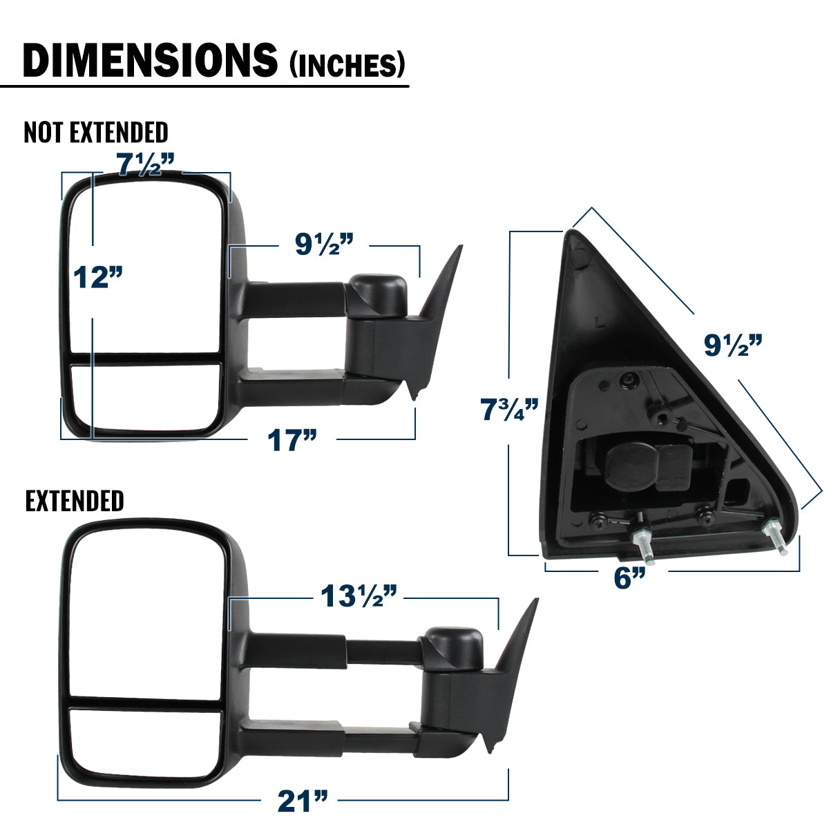 1988-2000 Chevy C/K 1500 2500 3500 Manually Adjustable Manual Fold and Telescoping Tow Mirrors Pair