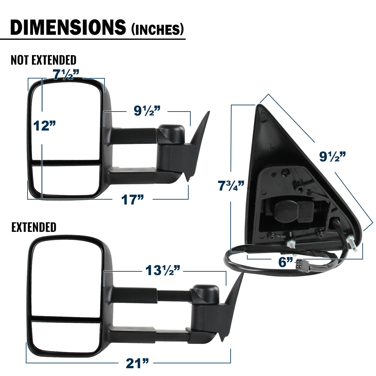 1988-2000 Chevy C/K 1500 2500 3500 Power Adjustable Manual Fold and Telescoping Tow Mirrors Pair