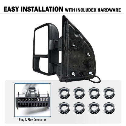 2008-2016 Ford F250 F350 F450 F550 Power Adjustable Power Heated Manually Fold and Telescope Towing Mirrors Pair