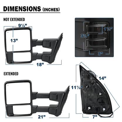 2008-2016 Ford F250 F350 F450 F550 Power Adjustable Power Heated Manually Fold and Telescope Towing Mirrors Pair